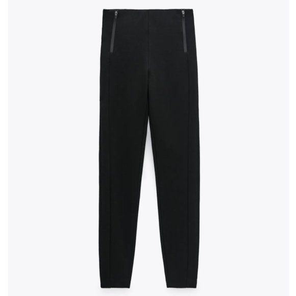 ZARA STRETCH BLACK ZIPPERED MID-RISE LEGGING PANT TROUSERS - Picture 2 of 9